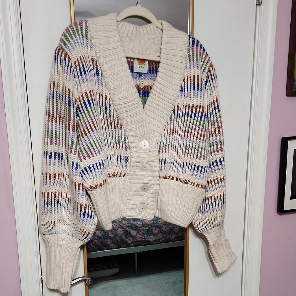 FARM Rio Cream and Blue Geometric Cardigan Sweater